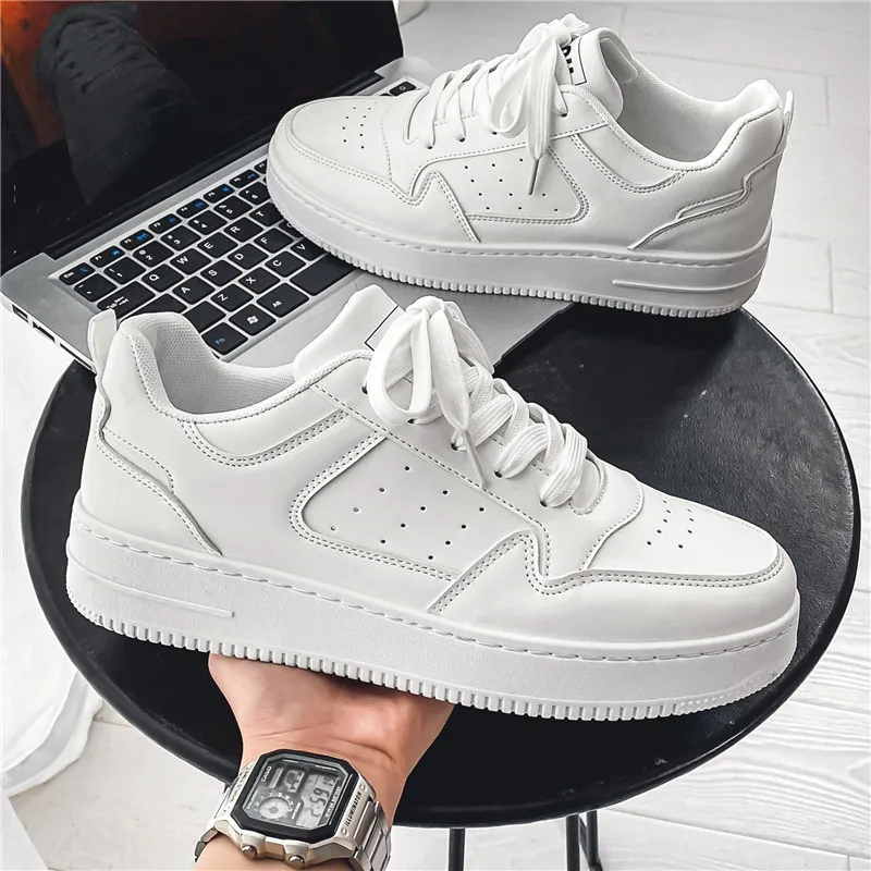 Mens Spring Trendy Brand High-end Leather Sports White Casual Board Shoes Soft Sole Versatile Thick Sole Trendy Shoes