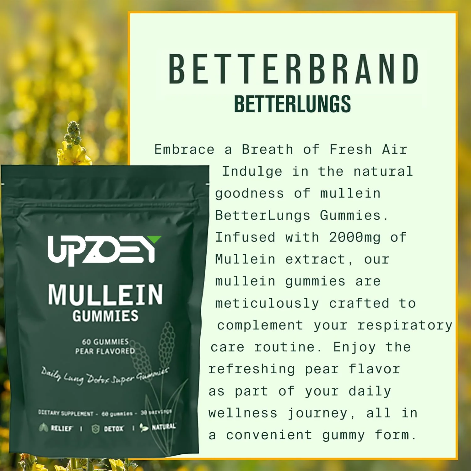 Private Label OEM Mullein Gummies Supplement Clears Congestion,Aids Lung Wellness and Enhance Breathing for Men and Women