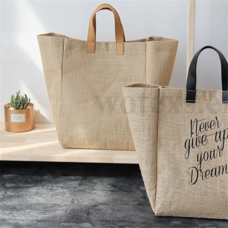 BJ0062 Wholesale Fashion Women Beach Tote Bag BurlapTote Bag leather handles jute tote