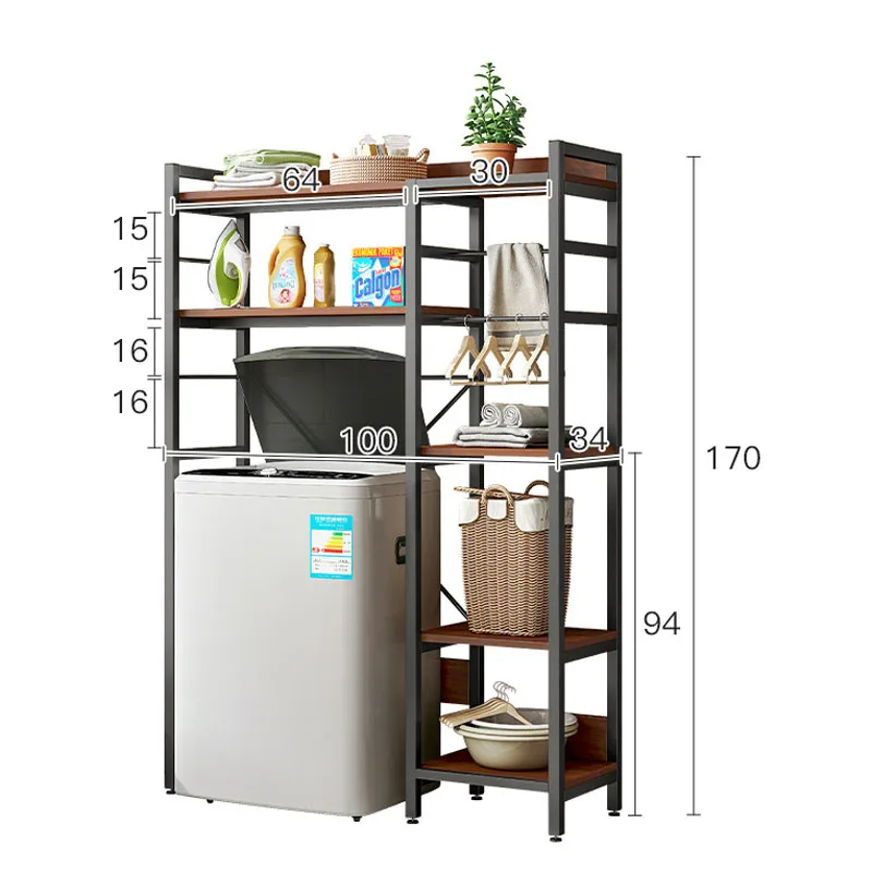 Large Capacity Multi-tier Bathroom Metal and Wooden Washing Machine Storage Shelf Rack