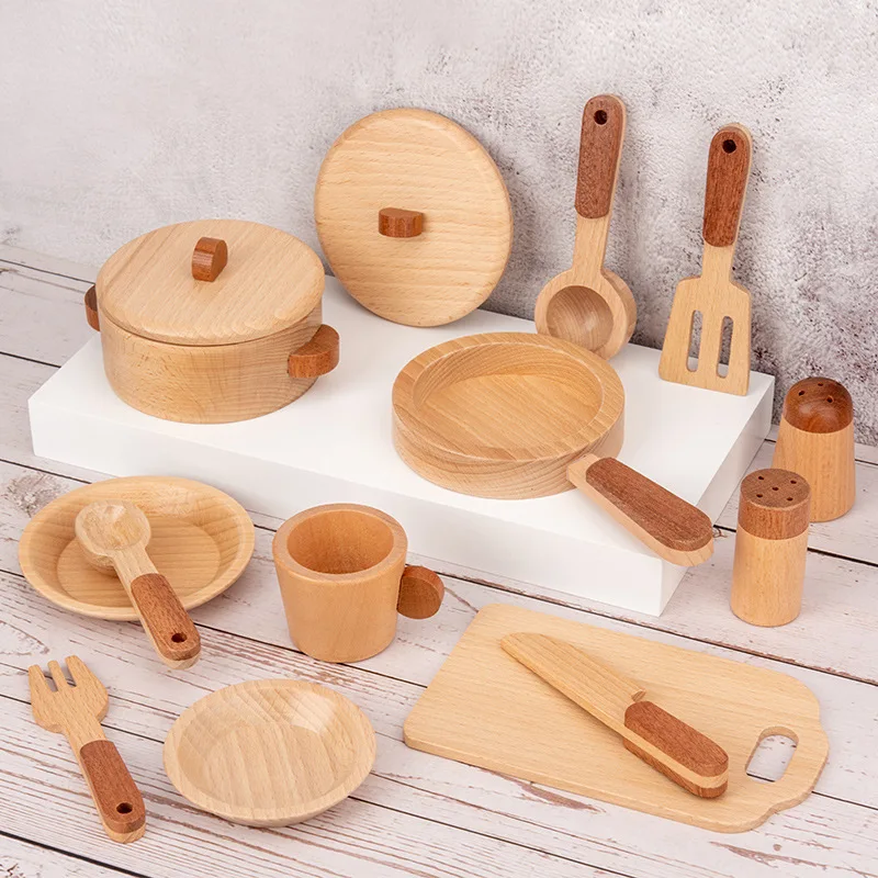 Wood Play Set Cookware Plates Dishes Play Kitchen Toys Pots Pans Cooking Sets 14 Pieces Montessori Wooden Kitchen Toy
