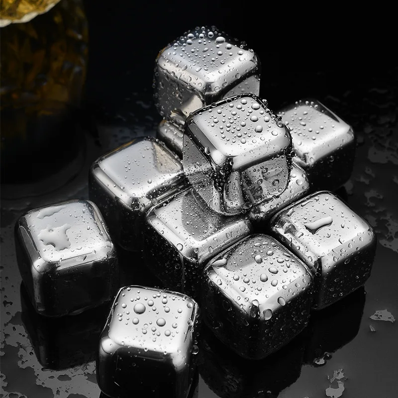 Custom Logo Wine Chilling Stones Metal Ice Cubes Stainless Steel Reusable Whiskey Cubes Bar Accessories