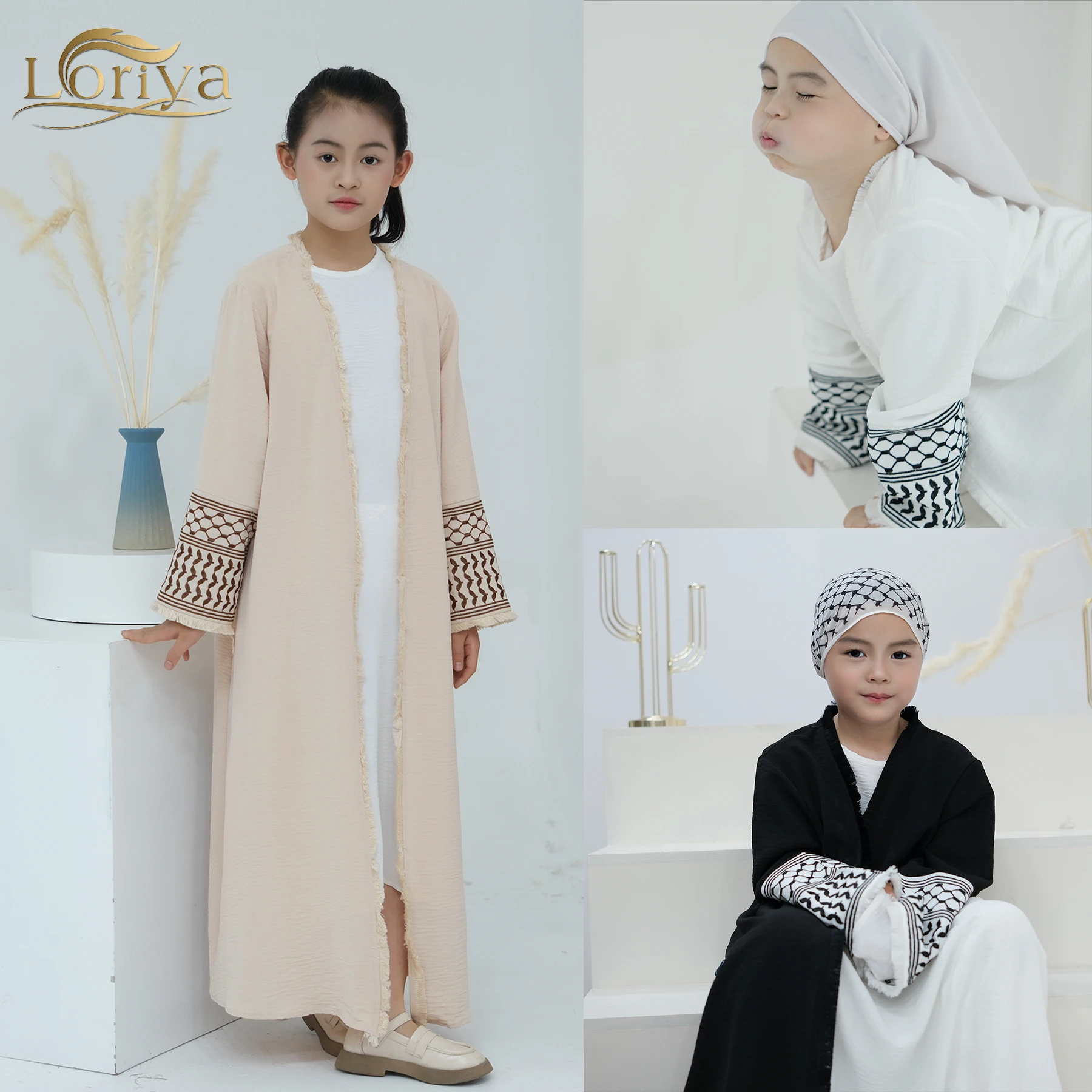 2024 Loriya Kids Cute Abaya Tassel Embroidery Palestine Kefiyyeh Modest Abaya Girls Open Abaya Muslim Clothing