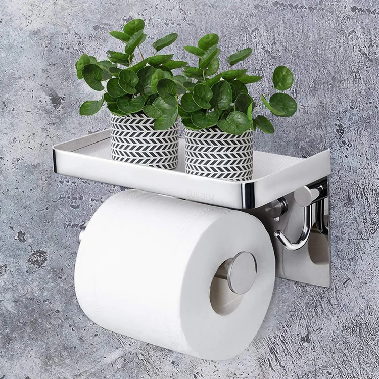
Luxury Bathroom Accessories 304 Stainless Steel Wall Mounted Modern Toilet Paper Roll Holder with Phone Shelf 