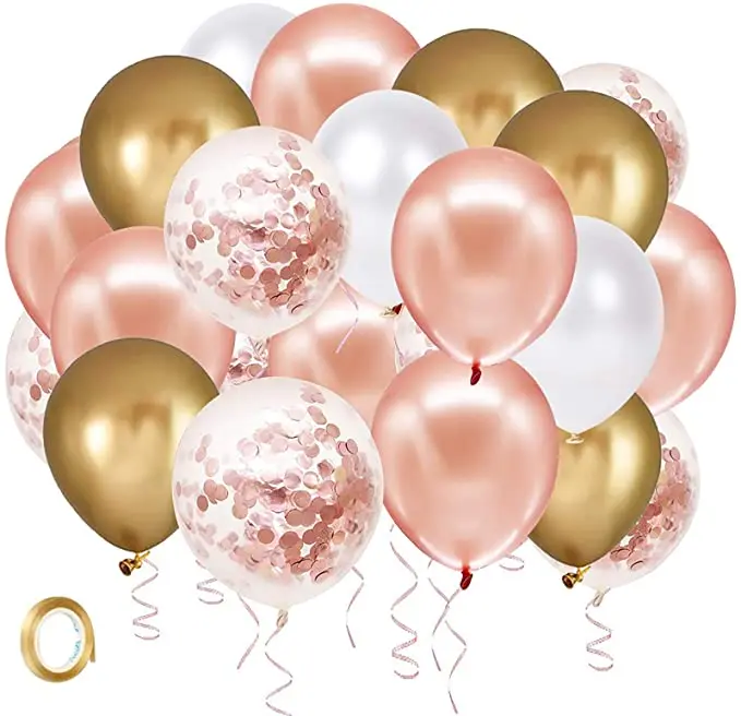 Rose Gold Confetti Latex Balloons,12 inch Birthday Balloons with Gold Ribbon for Party Wedding Bridal Shower Decorations