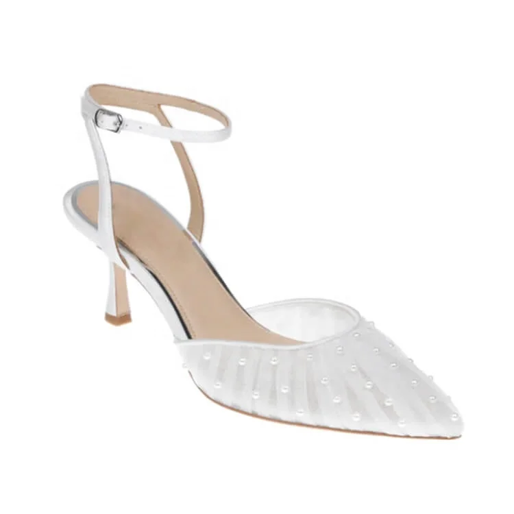 Hand-sewn Pearls White Mesh Low Heel Wedding Shoes