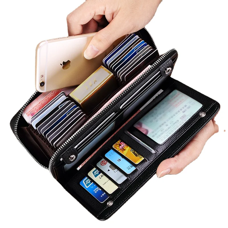 WILLIAMPOLO business men leather wallet long rfid credit card holder alloy zipper clutch large capacity phone leather wallet men