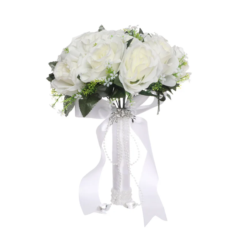Bride Holding Flowers Artificial White Rose Bouquet Hand Throw Flower Western-Style Wedding Bridal