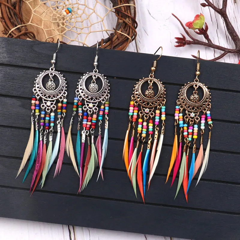 VRIUA Ethnic Bohemian Boho Long Feather Indian Earrings For Women Brincos Bijoux Charm Gypsy Hippie Tribe Vintage Ladies Earring