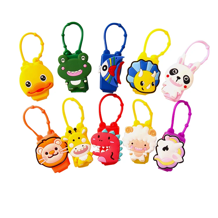 Amerpromo hand gel holder eco-friendly silicone oem cartoon animal duck lion frog fruit strawberry hand sanitizer pendant
