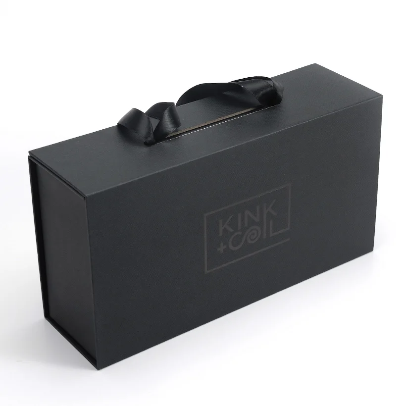 Custom unique hard boxes black packaging box with ribbon