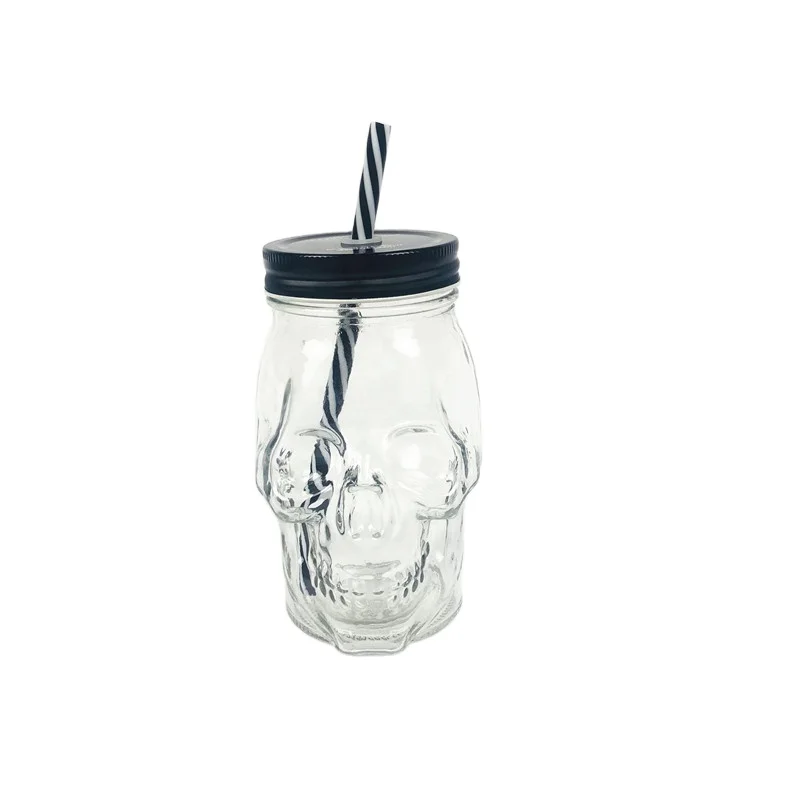 High Quality Skull Shaped Glass Mason Jar 15 oz with Lid and Straw Drink Cup