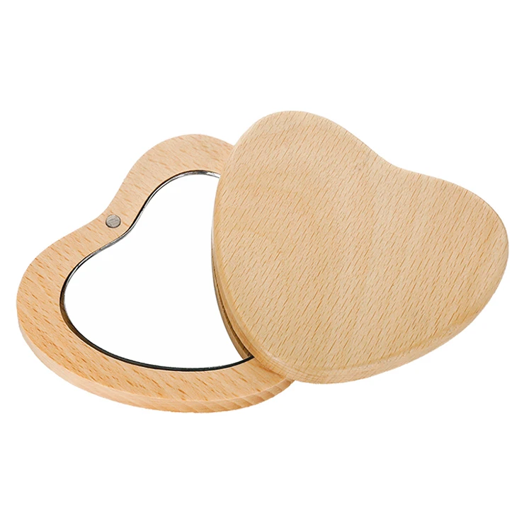 wholesale custom luxury cheap travel mini heart shape compact pocket wooden cosmetic mirrors hd glass mirrored magnifying