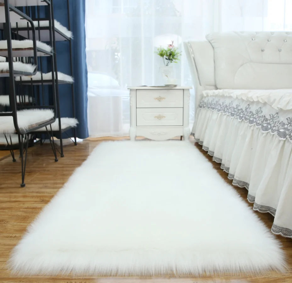 Bedroom Carpet Soft Fluffy Sheepskin Fur Area Rugs Living Room Bedroom Floor Mat White Pink Grey Warm Faux Fur Bedside Rug