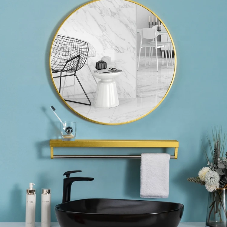 Nordic fashion black white gold wall hanging bathroom round mirror with shelf