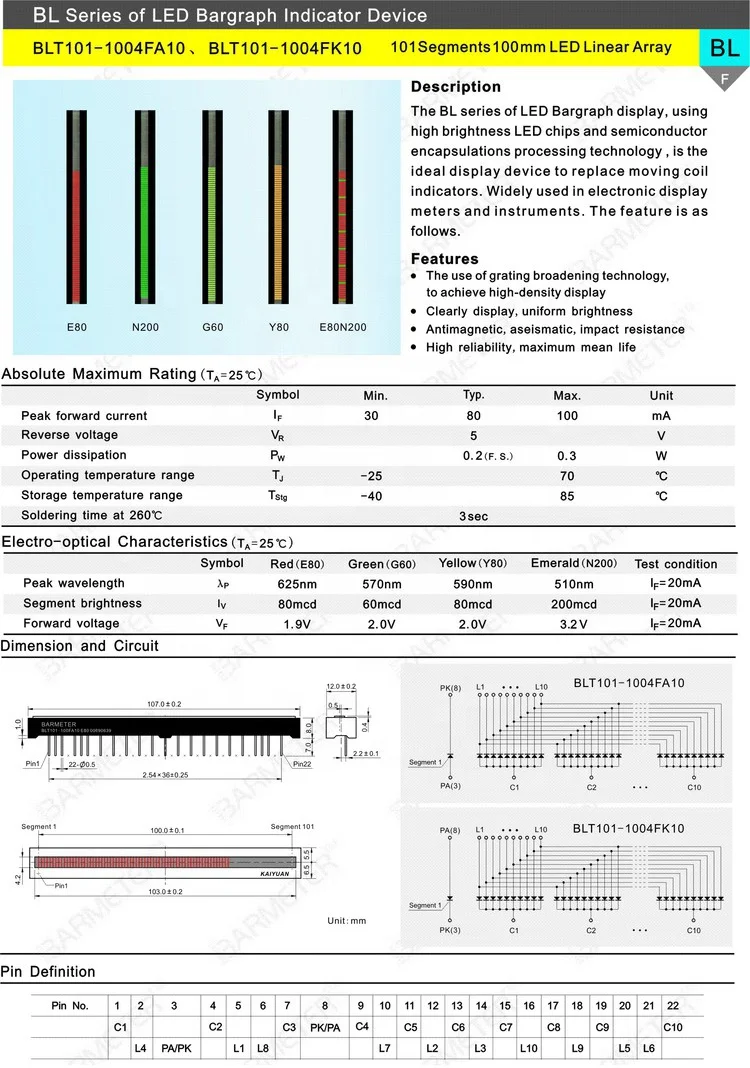 Taidacent BL101-1004F 101 Segment 100mm Yellow Green LED Light Beam Display Sound Level Meter Display LED Light Bar