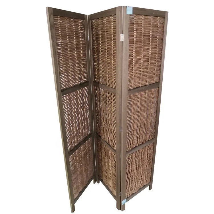 home furniture customized wholesale rustic natural wood rattan wicker room divider with 3 panels