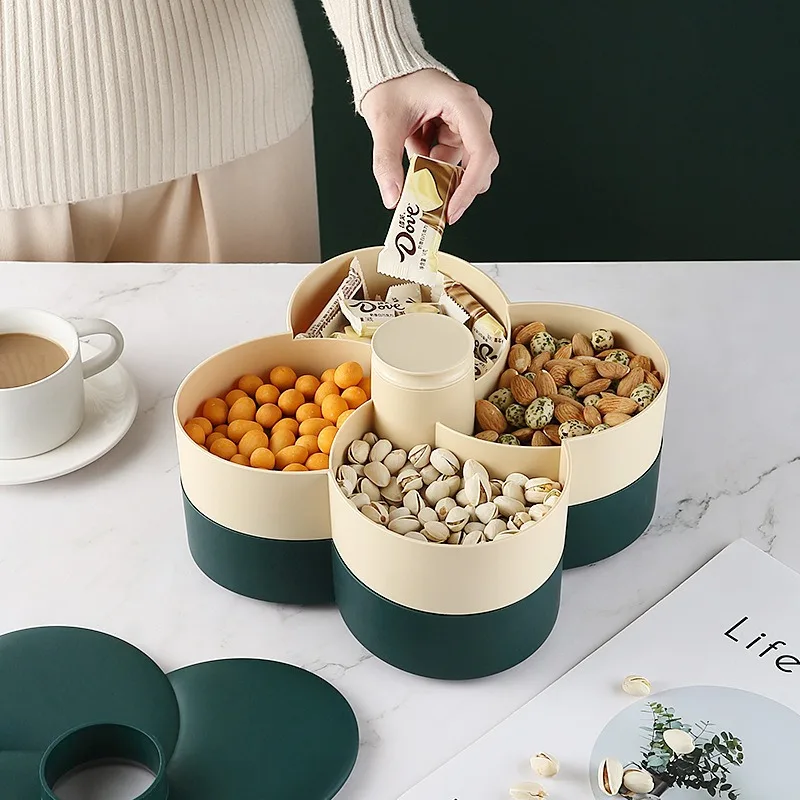 2-Layer Rotating Petal Snack and Candy Tray Case PP Plastic Nut and Dried Fruit Storage Box for Home Wedding for Food Storage