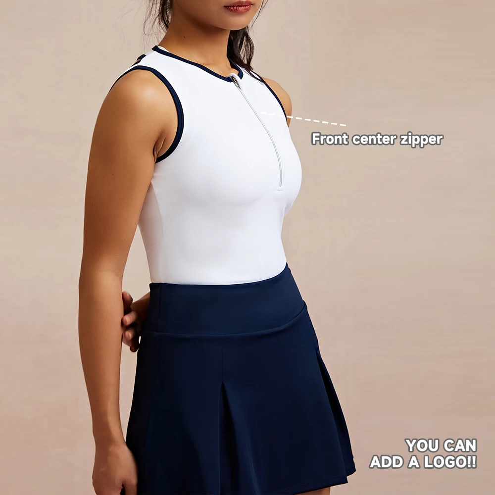 Luckpanther Sleeveless Back Hollow With Front Zipper Golf Polo Shirt And Solid Mini Tennis Skirt Tennis Set Tennis Wear