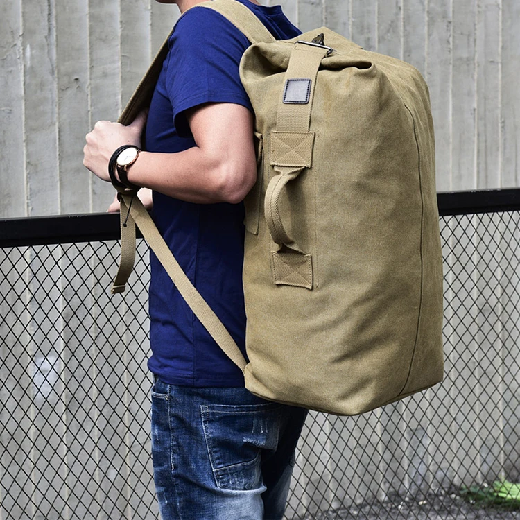 wholesale low moq custom khaki canvas men retro hiking travel backpack large outdoor camping waterproof rucksack bag with logo