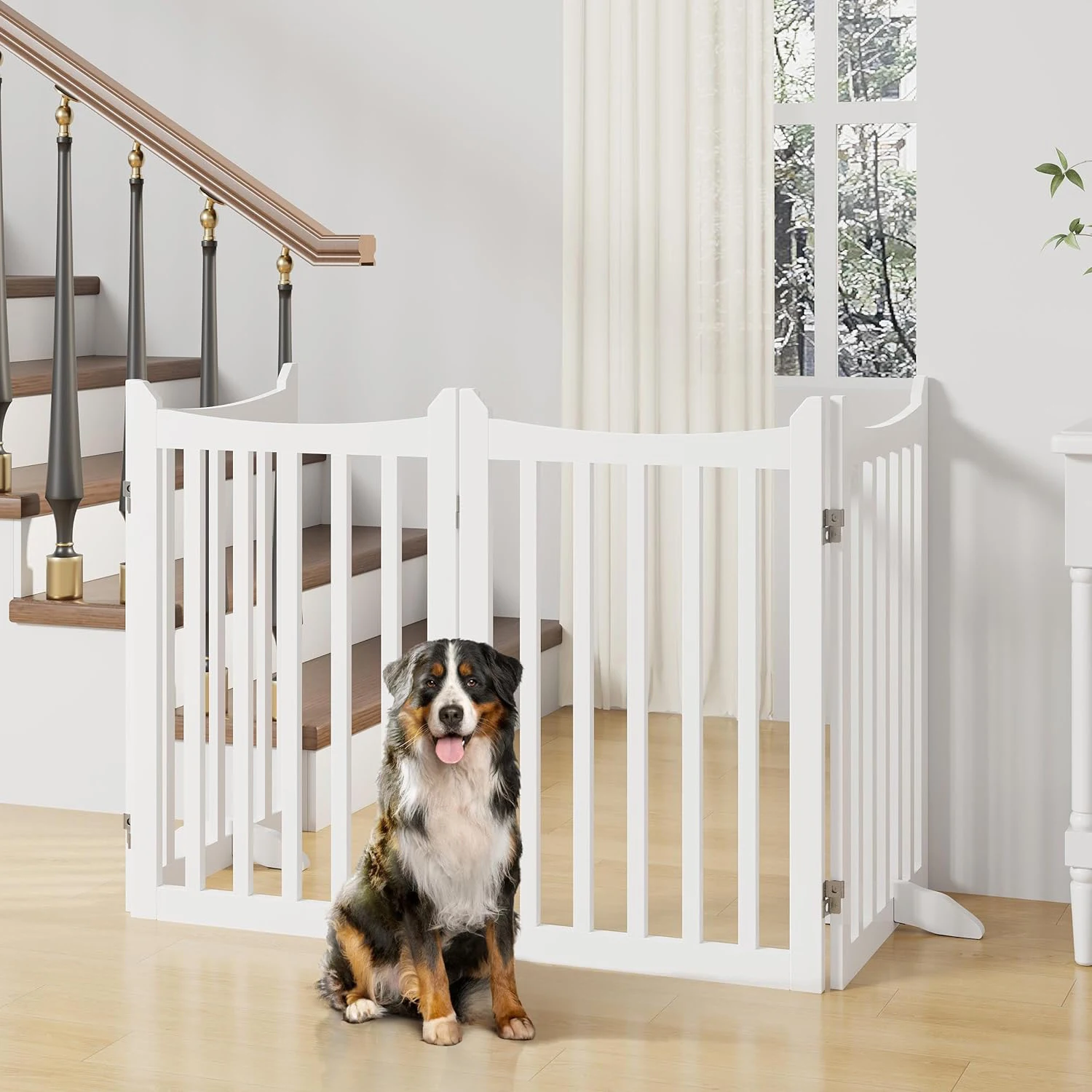 Extra Tall Freestanding Pet Gate 4-Panel Wooden Dog Fence with 2 Support Feet Folding Dog playpen