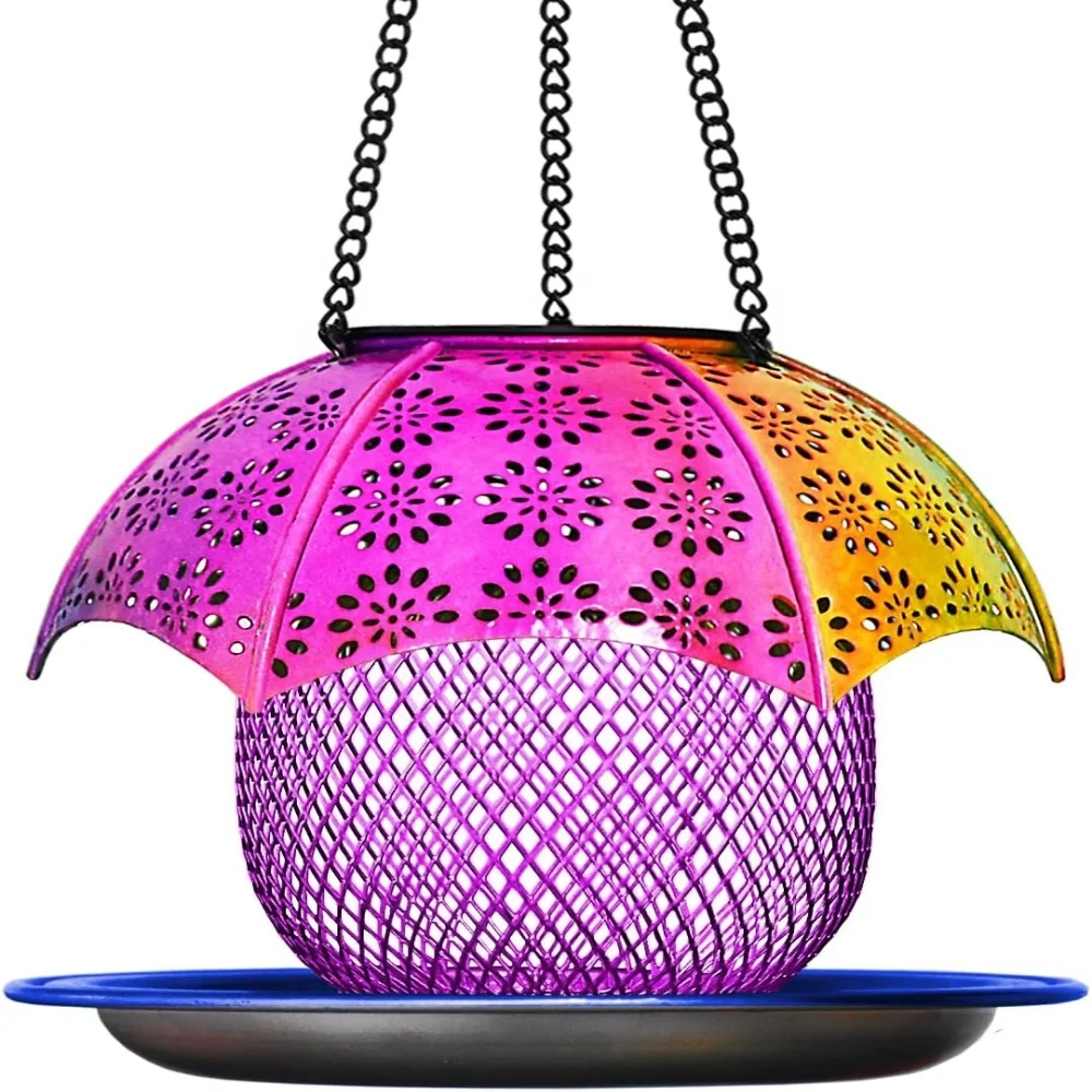 Oniya Seed Large Capacity Automatic Color Changing LED Lights Bird Lovers Metal Wild Bird Feeders Retractable 6.2 LB Custom Iron