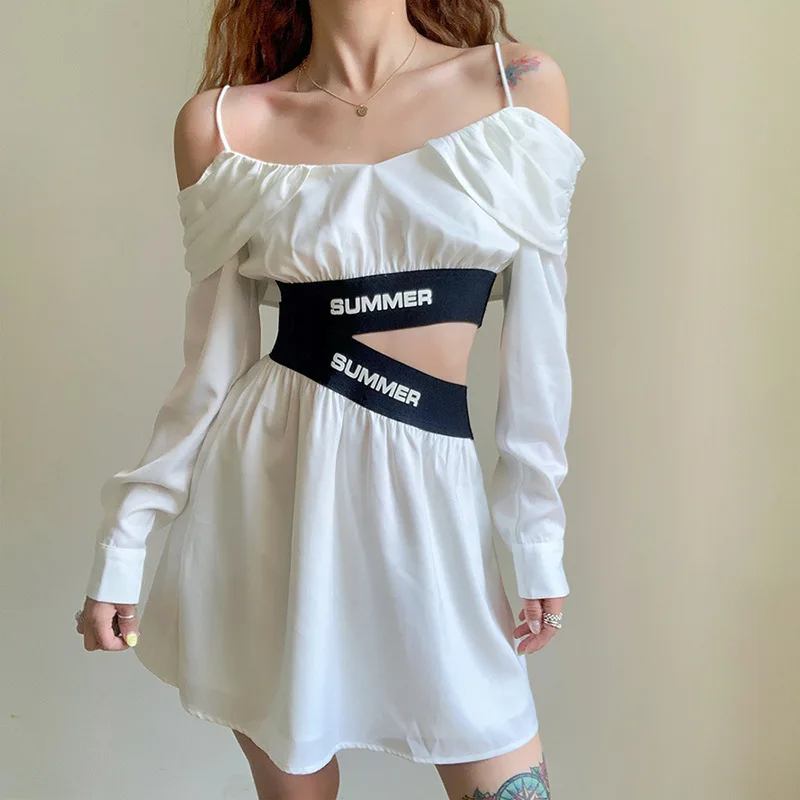 new arrivals fashion women Letter printed logo emboss ribbon hollow out sling casual dress