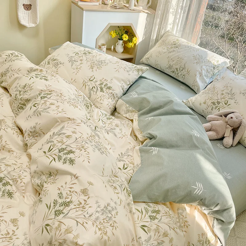 60s 100% Cotton 4 Piece Flannel Sheets Queen Floral Design Soft Breathable Bed Sheets Set