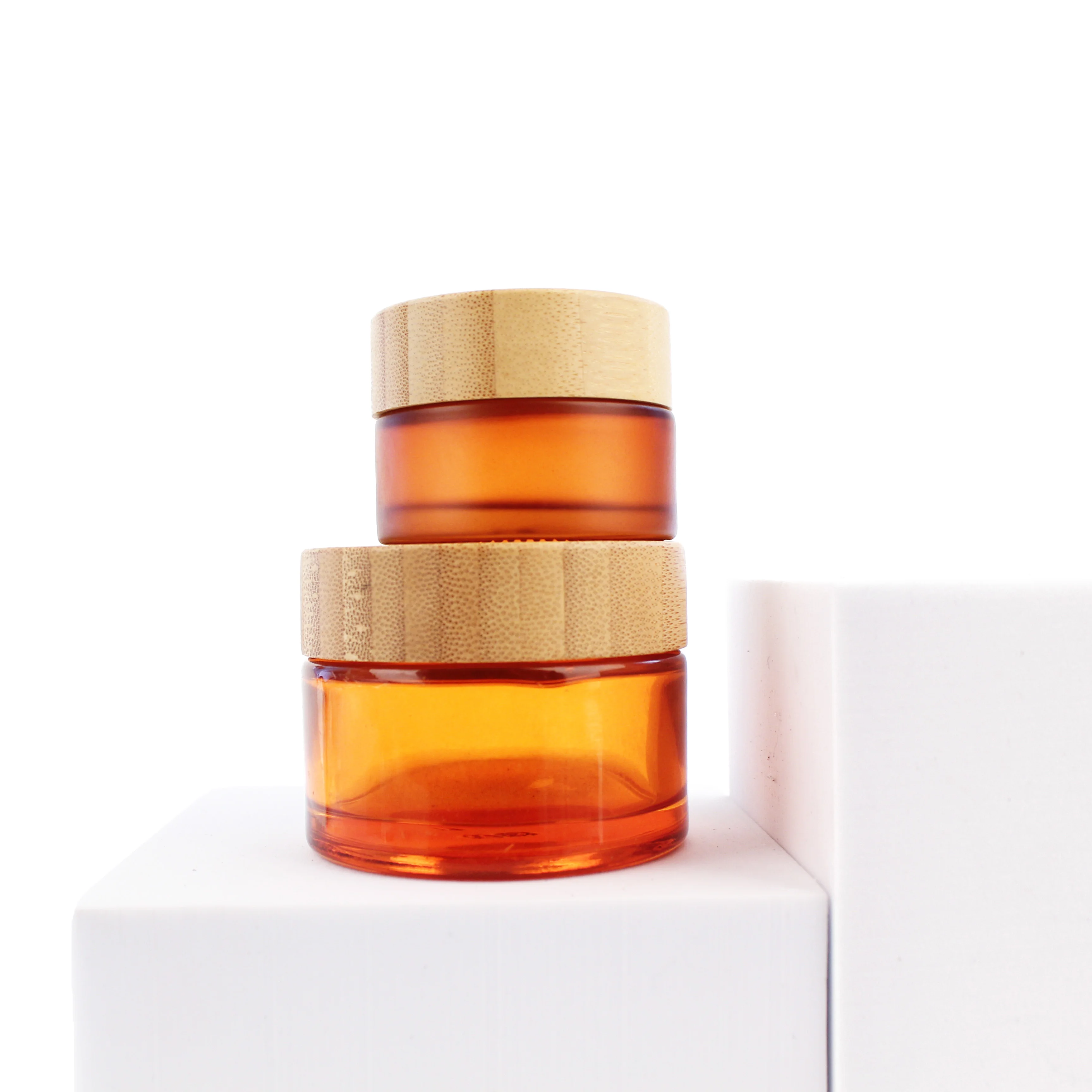 Hot Sale Luxury 5g 15g 30g 50g 100g 2oz 4oz Bamboo Cosmetic Packaging Amber Orange Cream Glass Jars with Bamboo Lid BJ12C