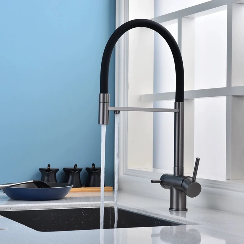 Golden Color Brass Deck Mounted Dual Handle Pull Down Purified Water KItchen Tap Head Faucet Sprayer with Water Filter
