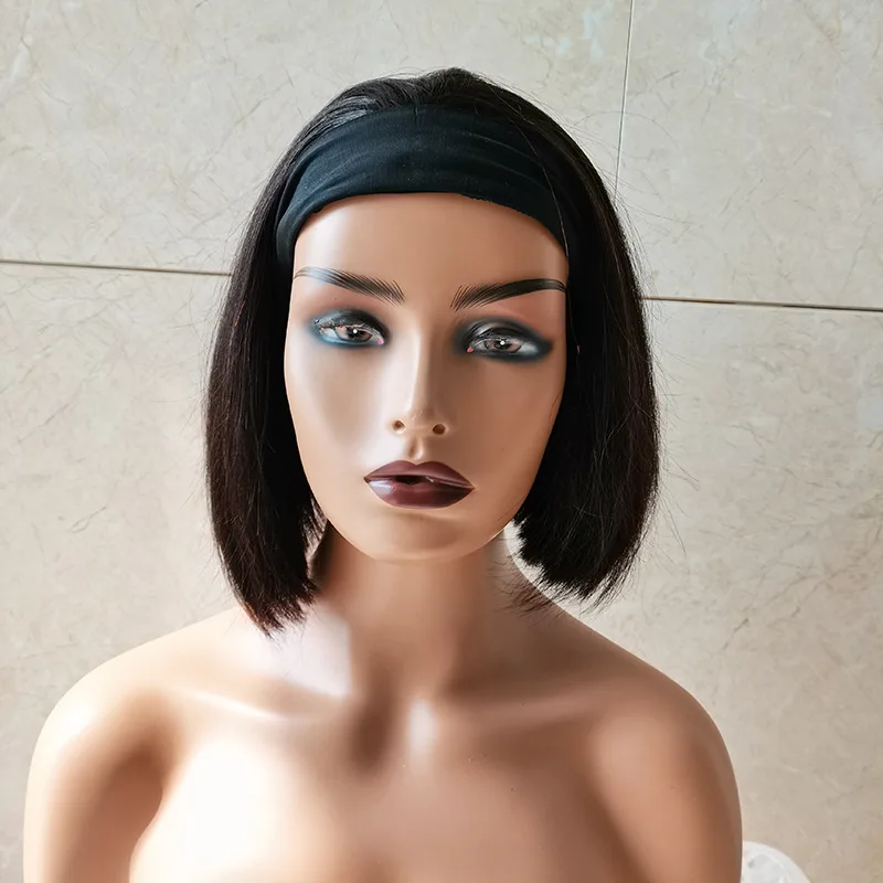 STOCK Headband machine made short bang bob 12a double drawn fringe natural cuticle aligned human hair straight wig