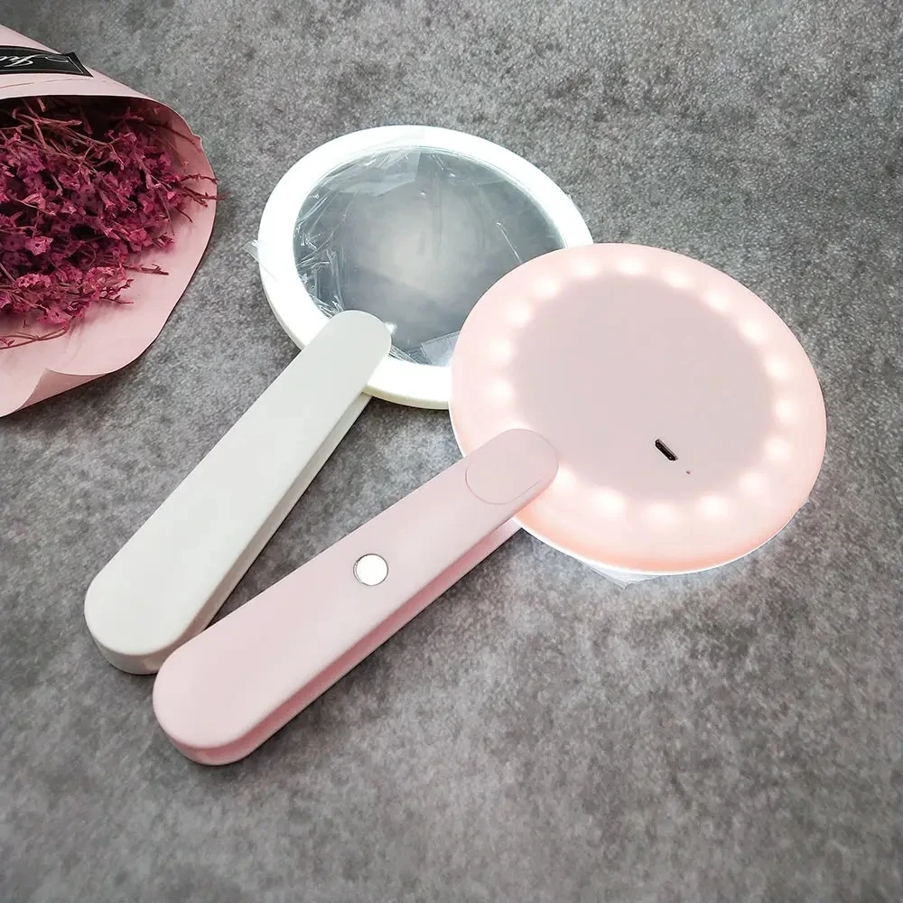 Mini LED Luminous Makeup Mirror Foldable Small Compact Mirror Round Portable USB Handheld Makeup Magnifying Mirrors with Light