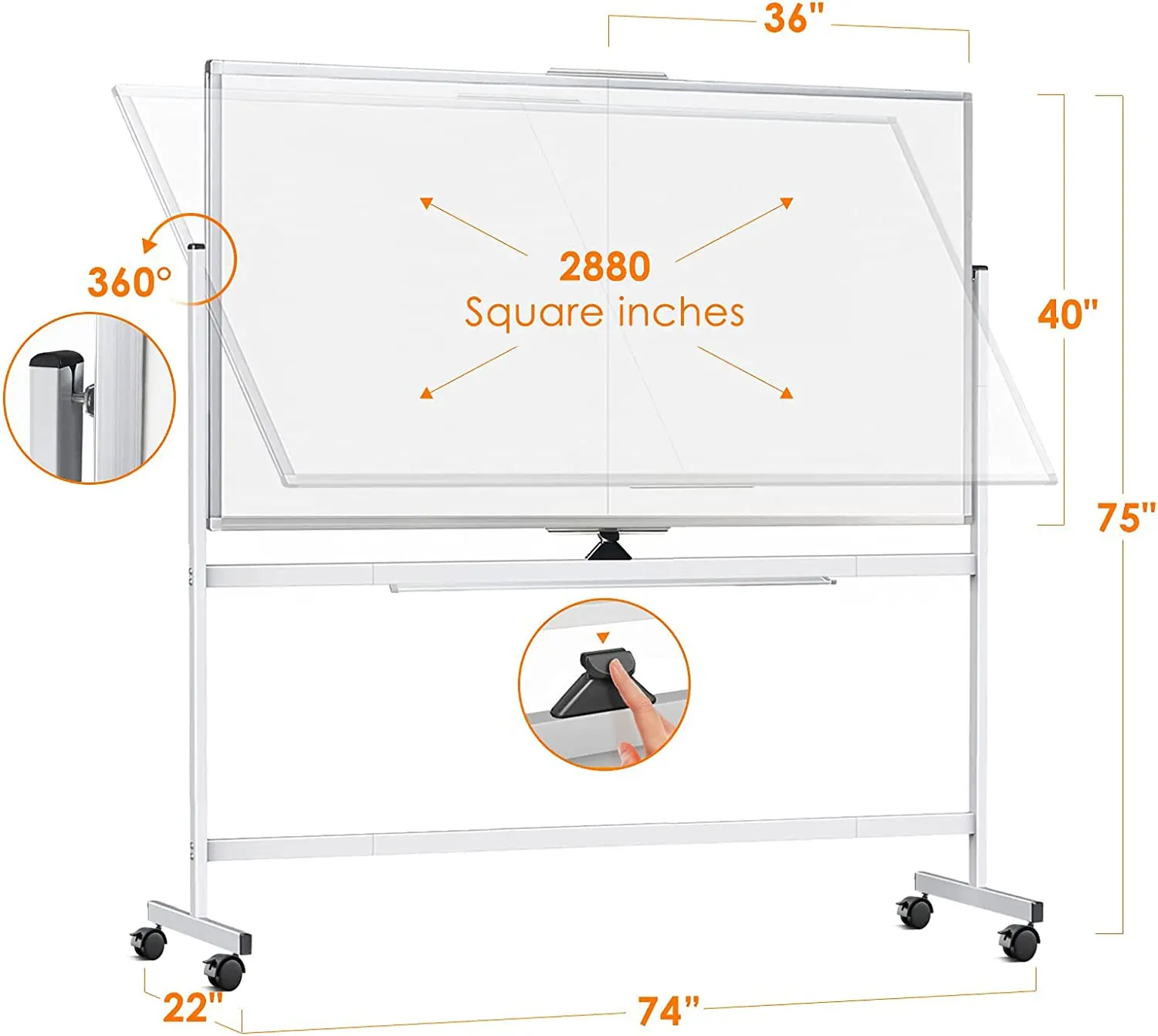 72 x 40 Double Sided Rolling Whiteboard, Mobile Whiteboard Magnetic White Board - Large Reversible Dry Erase Board Easel