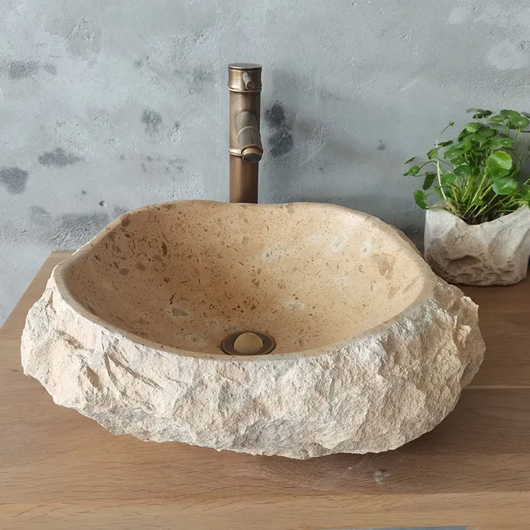 Rough Beige Travertine Marble Stone Big Bathroom Wash Basin Sink