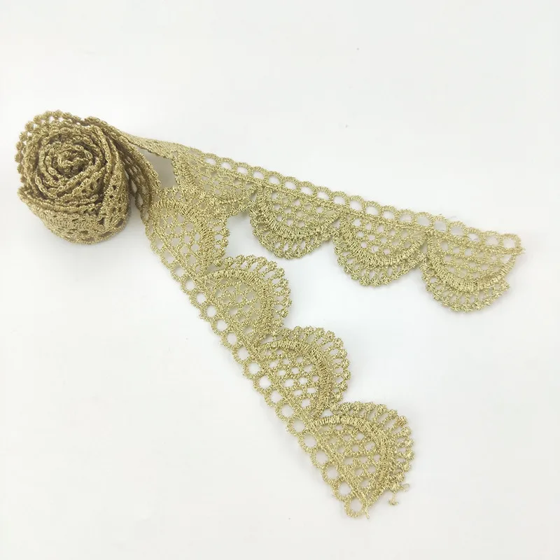 High Quality Golden Embroidered Polyester Ribete de Encaje Lace Trimming Fabric Guipure Lace for Wedding Dresses Clothes-XYJB30
