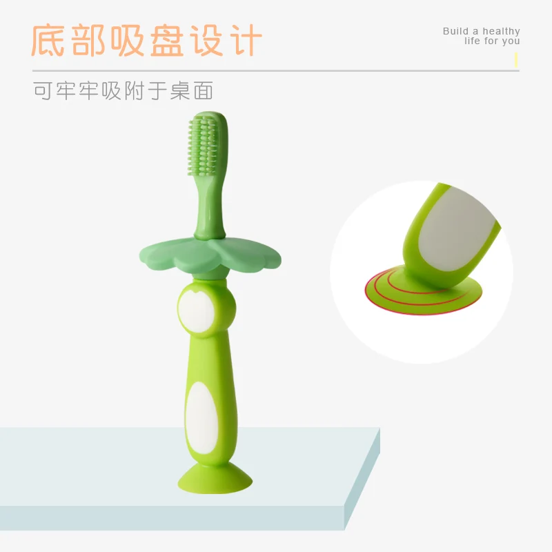 LULA Beauty 2021 Baby Suction Base Infant Toddler Soft Bristle Toothbrush Silicone Training Teether Green