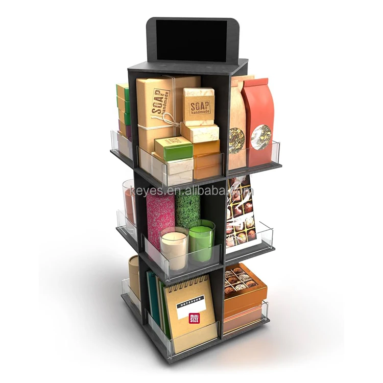 New Retail Store Fixtures Wooden Rotating Acrylic Counter Candy Snacks Display Stand Custom Card Jewelry Earring Display Stand