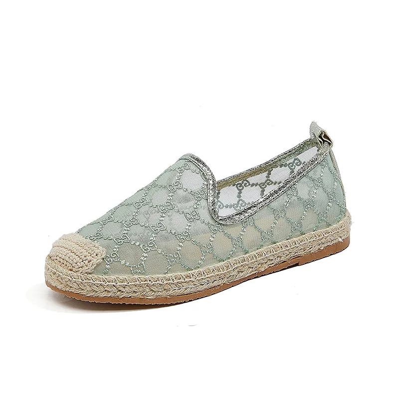 
2021 New style straw woven lace shoes breathable canvas cutout slacker shoes flat bottom hand-made hemp rope fisherman shoes 