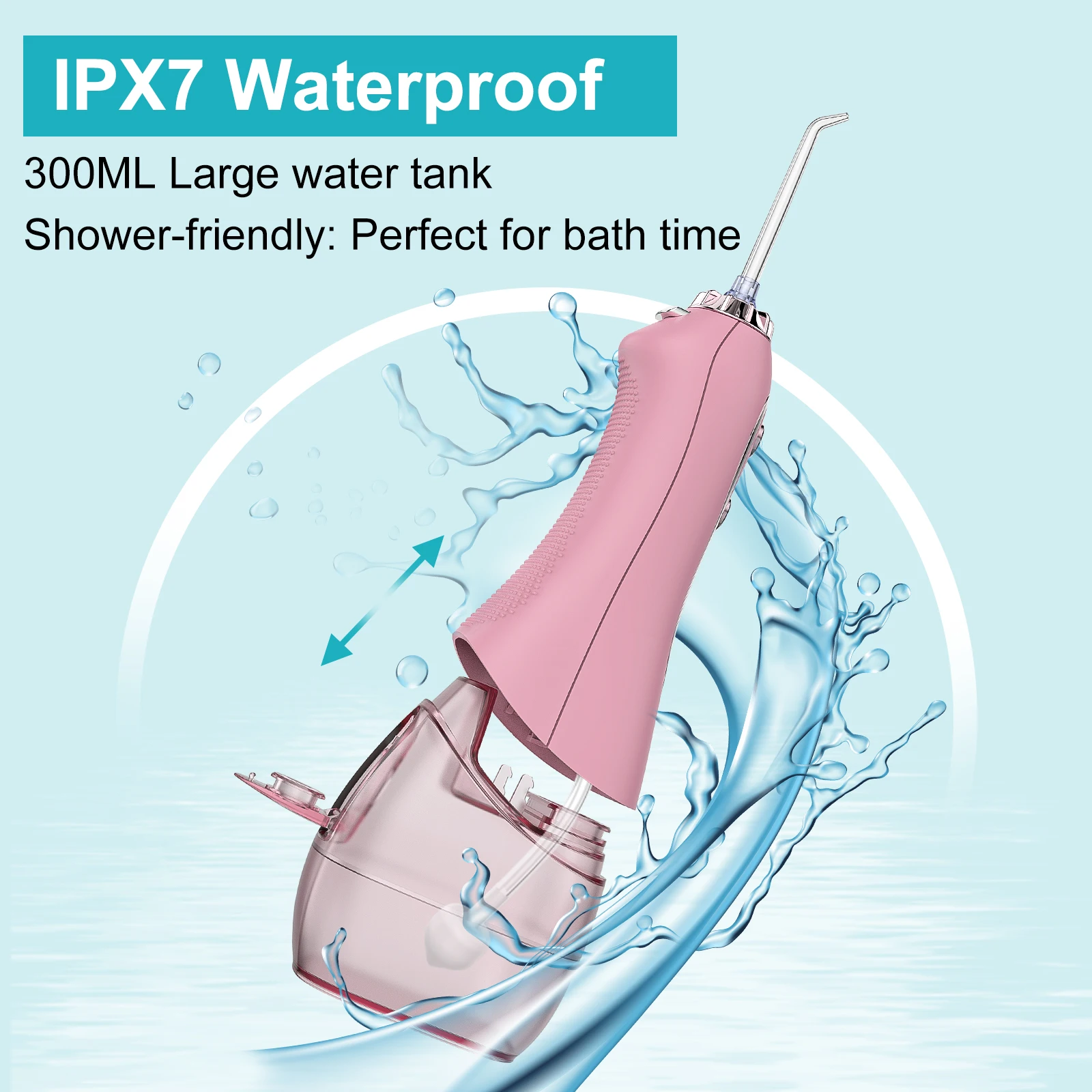 H2ofloss Portable 2500mAh IPX7 Electric Water Dental Flosser New Pink 300ml Water Teeth Cleaner Waterproof