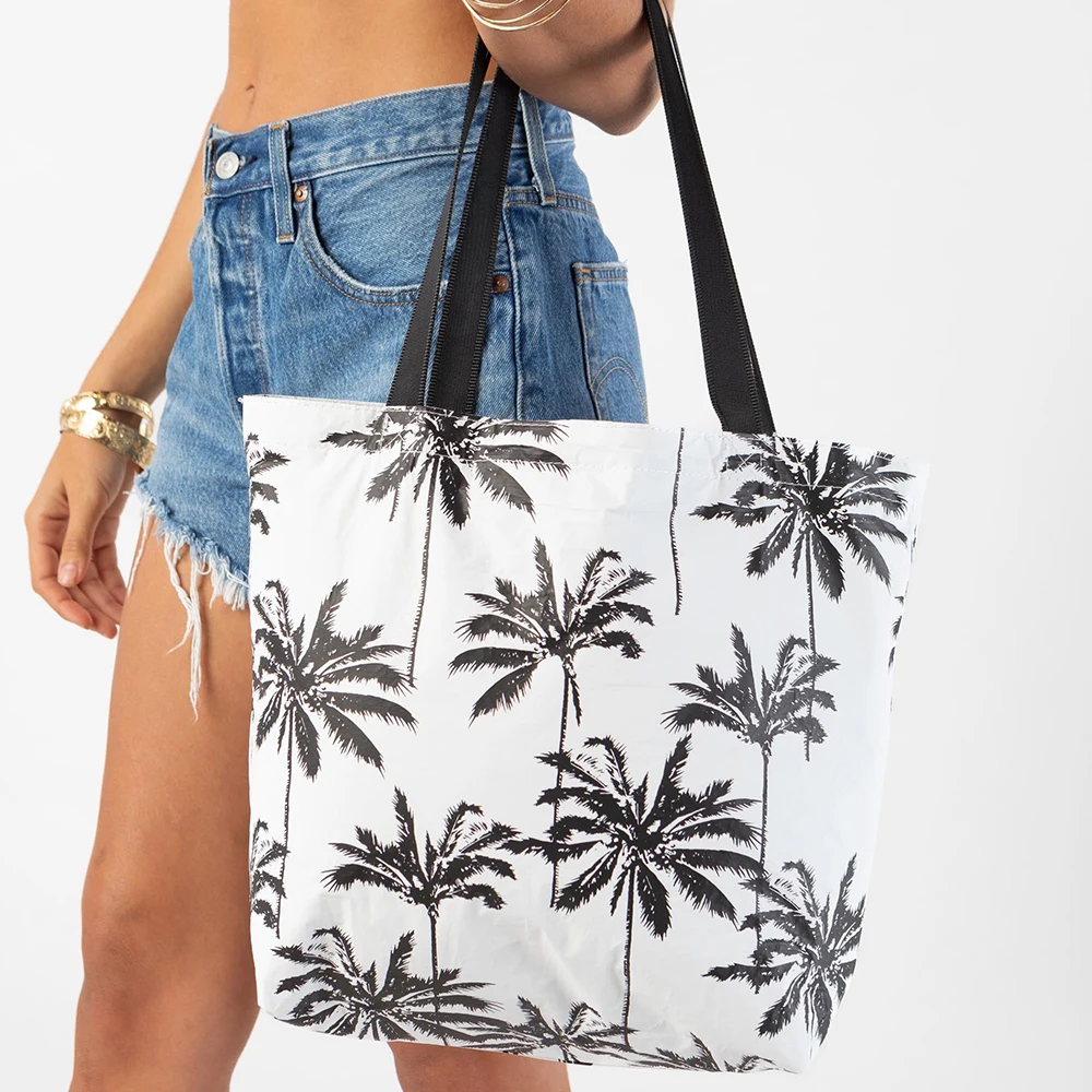 Custom coconut tree black printing large Reversible tote tyvek shopper beach tote, OEM ODM tyvek bag waterproof