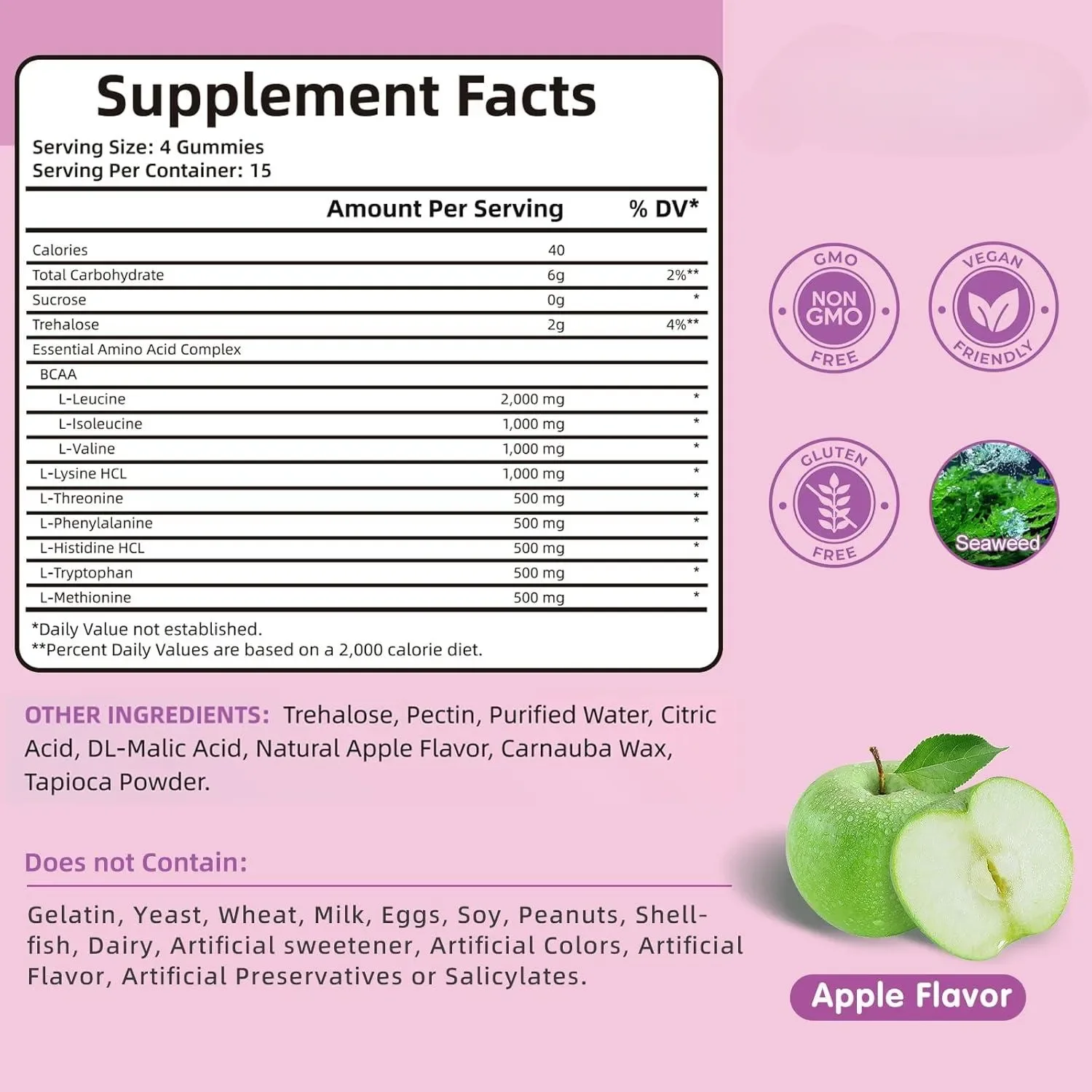 EAA gummies 7500mg with trehalose. Amino acid supplement for muscle, immunity, nerve and digestion health.