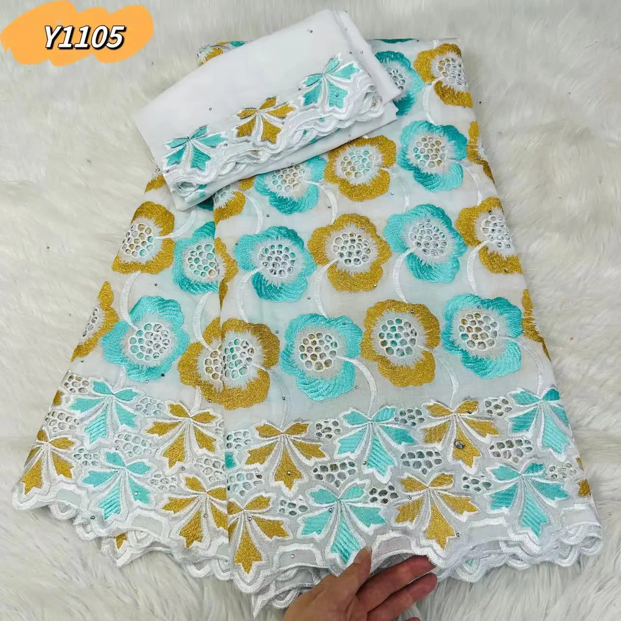 Fabric Supplier Wholesale African Cotton Lace Fabric Dry Lace With Stones 5+2Yard Embroidery Swiss Cotton Laces In Switzerland