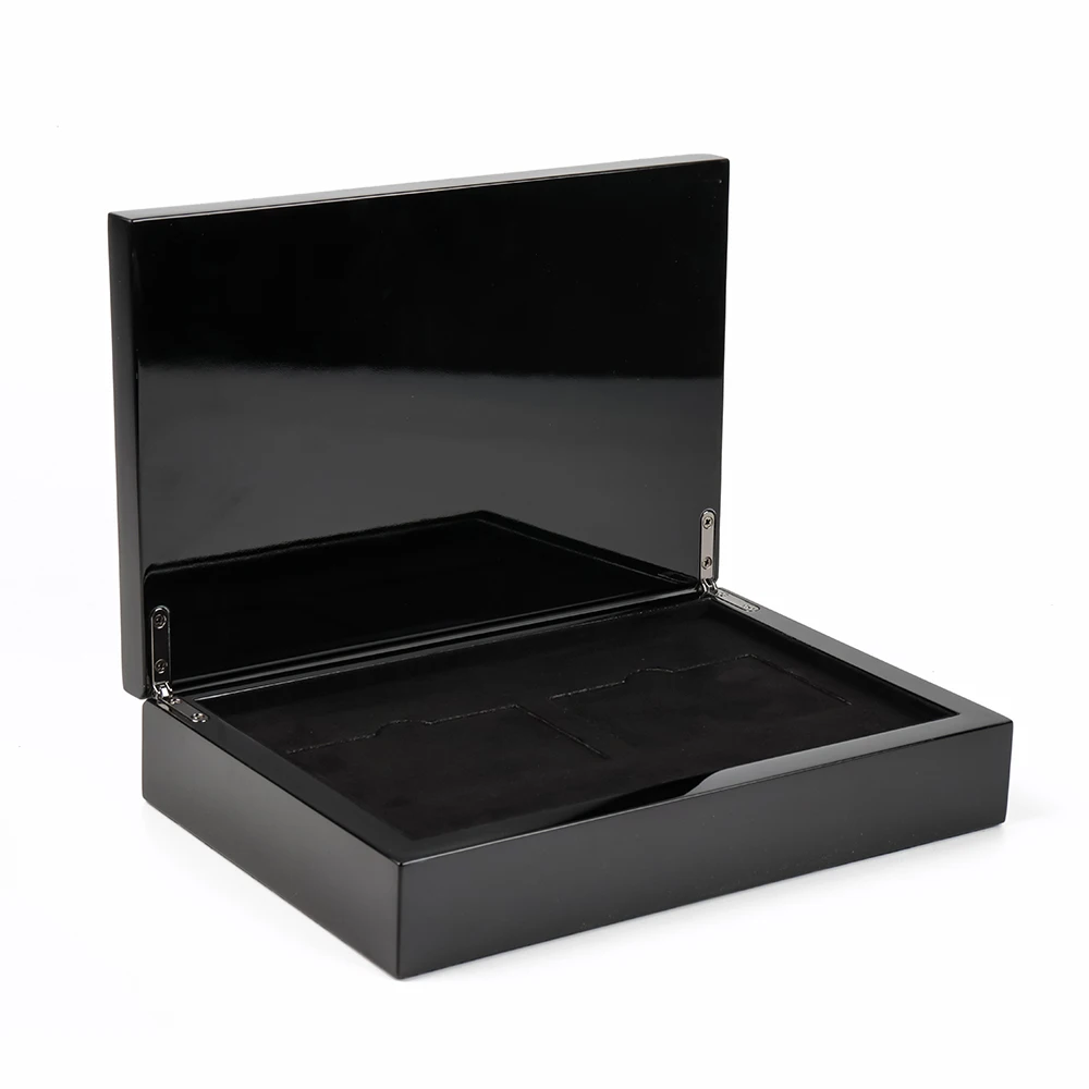 Recyclable Luxury Black Piano Paint Storage Watch Packaging VIP Credit Card Hard Wooden Jewelry Gift Boxes Custom Logo