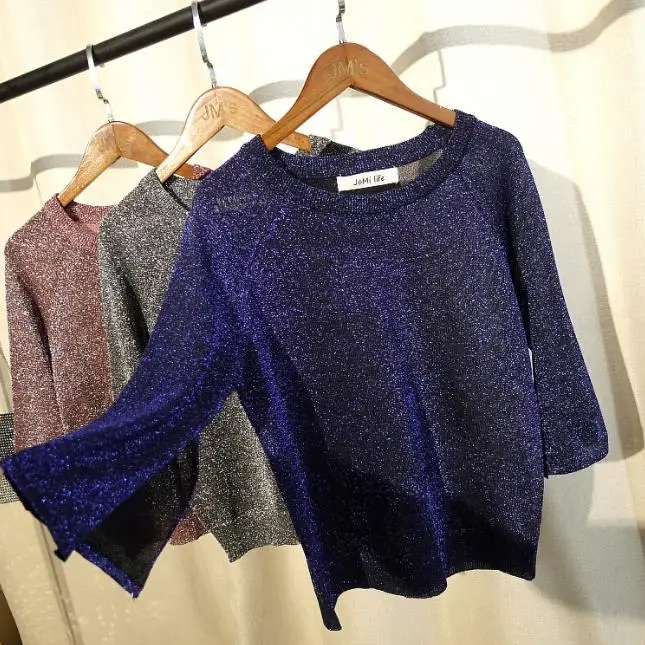 Summer 2022 Bling Half Sleeve Slit T Shirt Women Korean Style Slim Fit Knitted T Shirt Female Korean Fashion Shirt Top