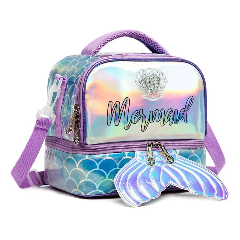 New Materials Laser Leather Lunch Box W Shoulder Strap For Boys Girls Daycare Double Decker Cooler Lunch Bag