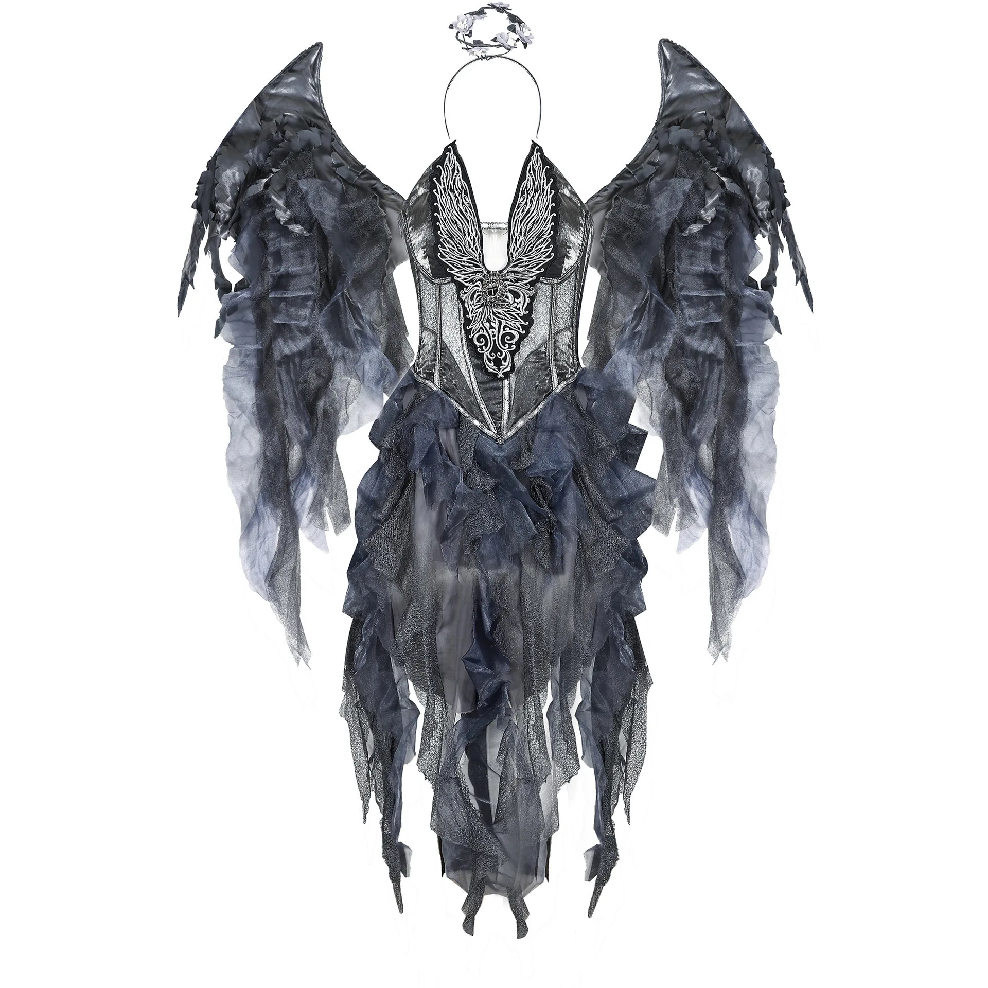 Adult Dark fallen Angel Costume Halloween cosplay fancy Vampire Dress Black Angel Evil Wing Suit