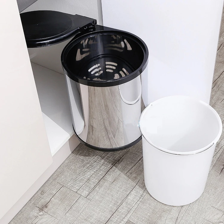 Kitchen under-sink trash can lid pivot pull out waste container