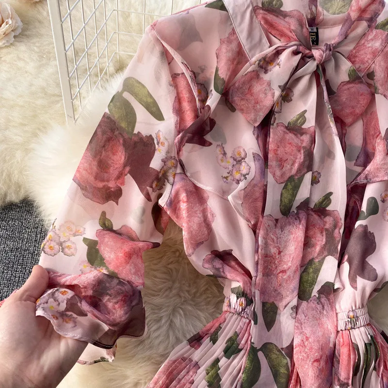 Floral beach dresses holiday bohemian lotus leaf trumpet sleeve round neck chiffon print dress for women