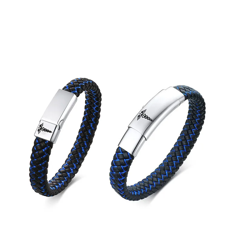 Men Punk Stainless Steel Handmade Braided Microfiber Engraved Medical Alert ID Blue Leather Bracelet