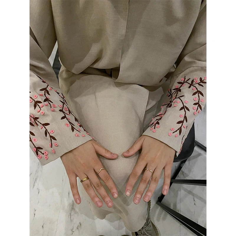 Habib embroidered European American style muslim polyester linen abaya dresses fashionable modest traditional Islamic clothes